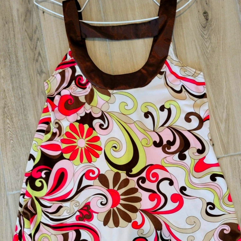 Brown silk and multi colored flowy tank top. Dressy.